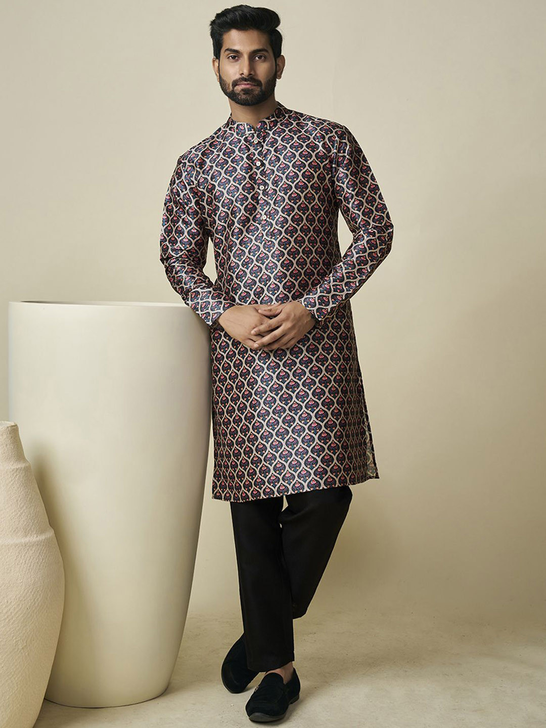 Inddus Beige Mens Ethnic Motifs Digital Printed & Sequinned Kurta Set