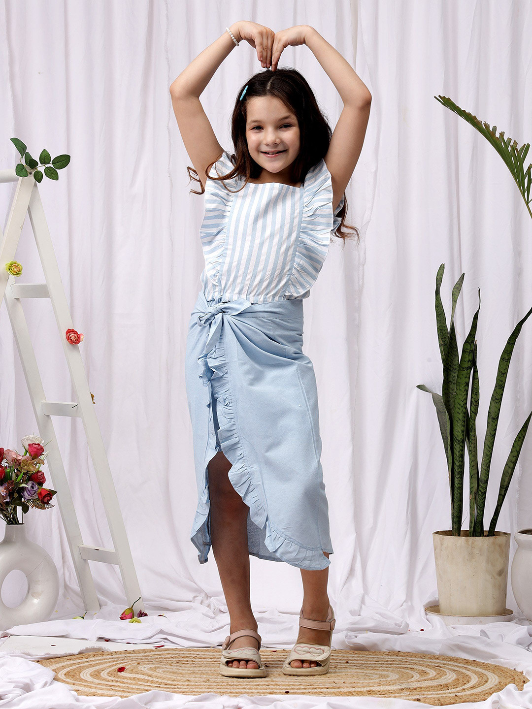 NEUDIS Girls Striped Square Neck Pure Cotton Top with Shorts & Sarong