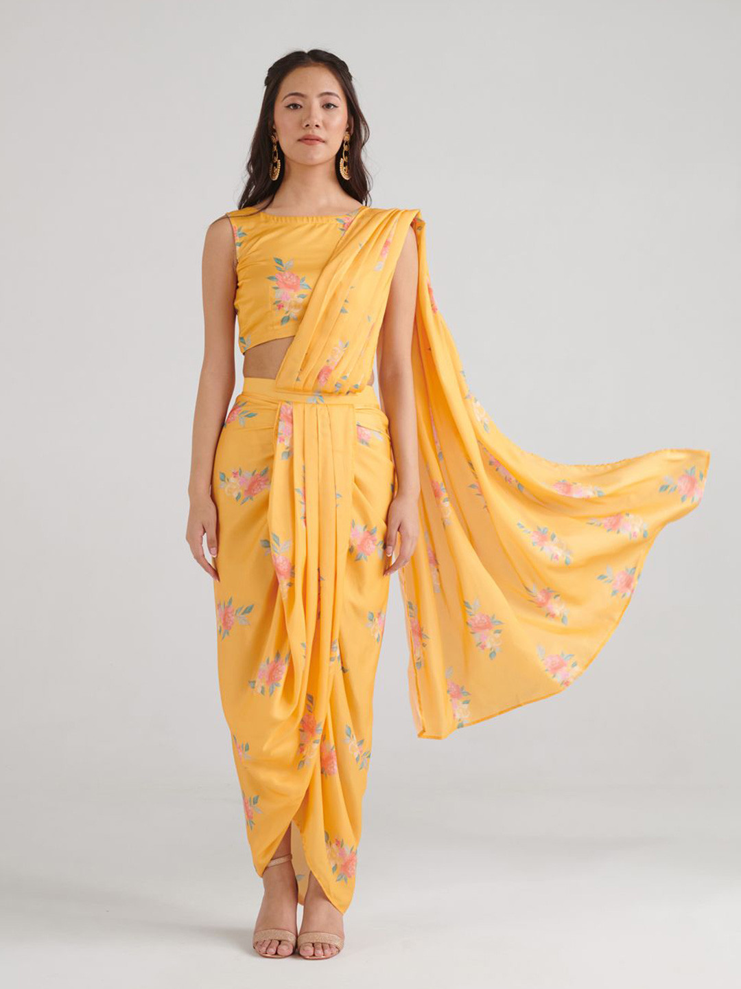 Pasha Satin Ready To Wear Floral Dhoti Saree