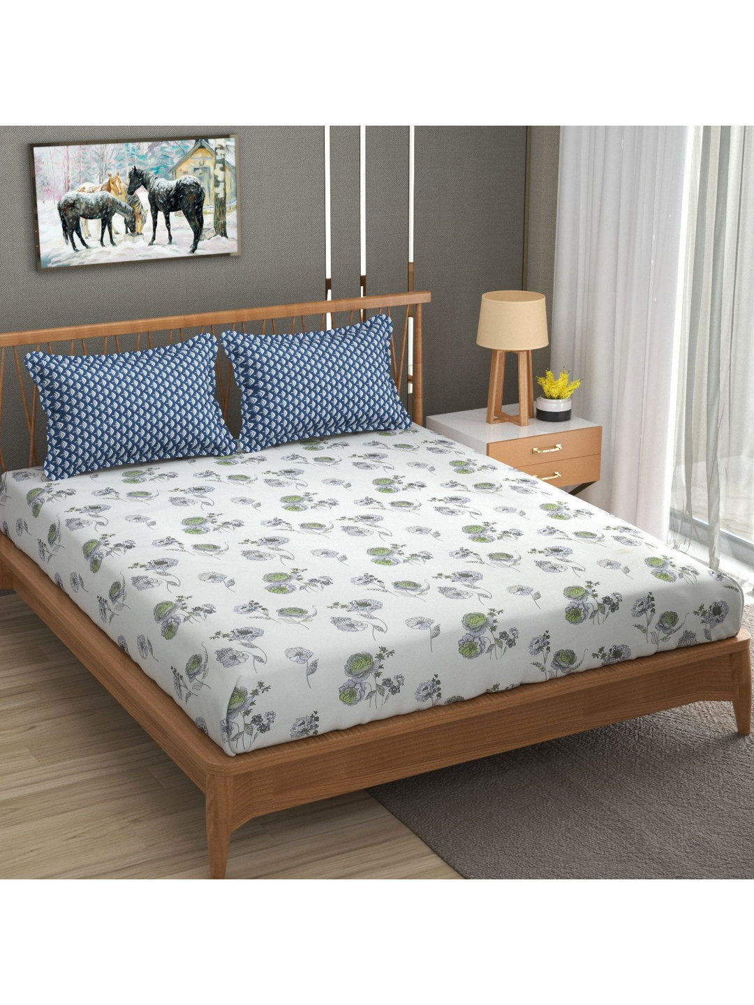 MallowWorld Premium Green Floral Cotton 300 TC King Fine Bedsheet with 2 Pillow Covers-108 x 108 inches