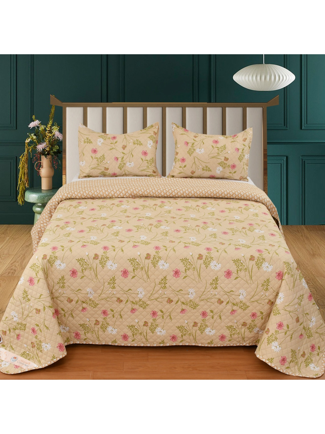 MallowWorld Beige Floral Printed 250 to 349 TC Cotton Quilted Double King Bed Cover Set