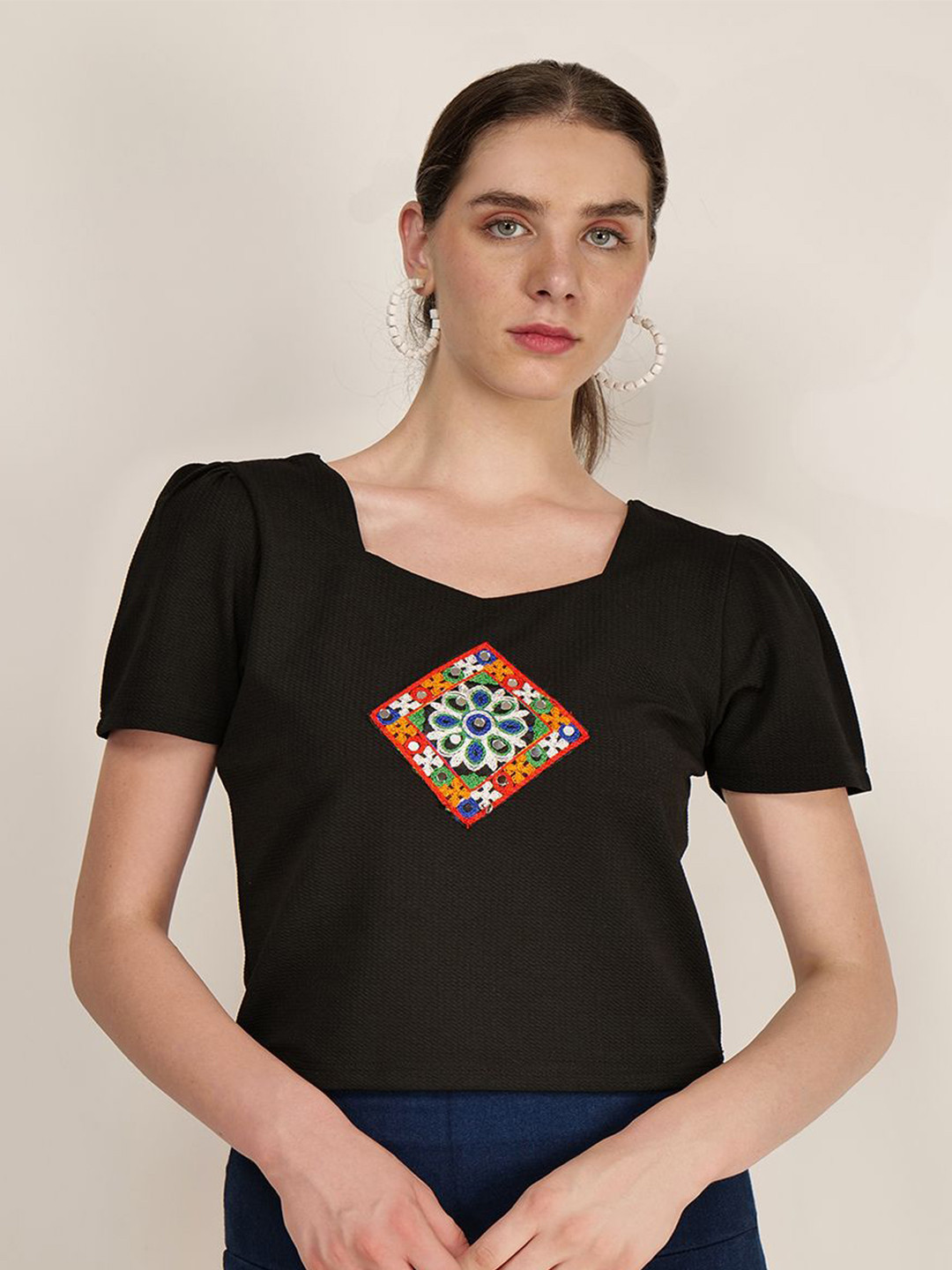 Frolic Rolic Embroidered Patch Work Polyester Sweetheart Neck Top