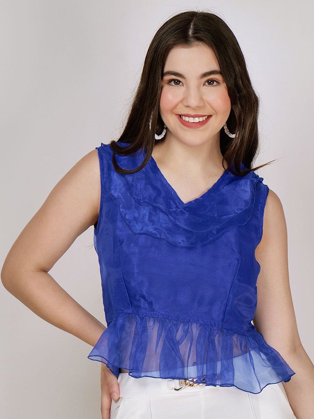 Frolic Rolic Organza Frill V Neck Sleeveless Regular Top