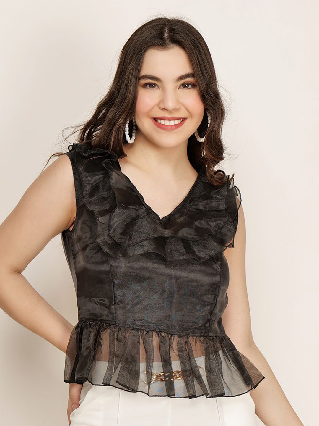 Frolic Rolic Organza Frill V Neck Sleeveless Regular Top