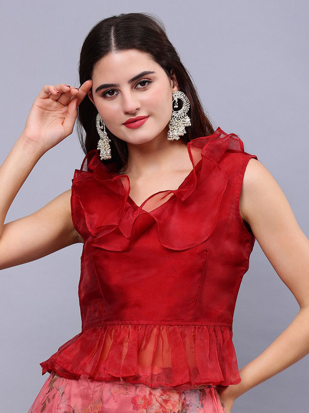 Frolic Rolic Organza Frill V Neck Sleeveless Regular Top