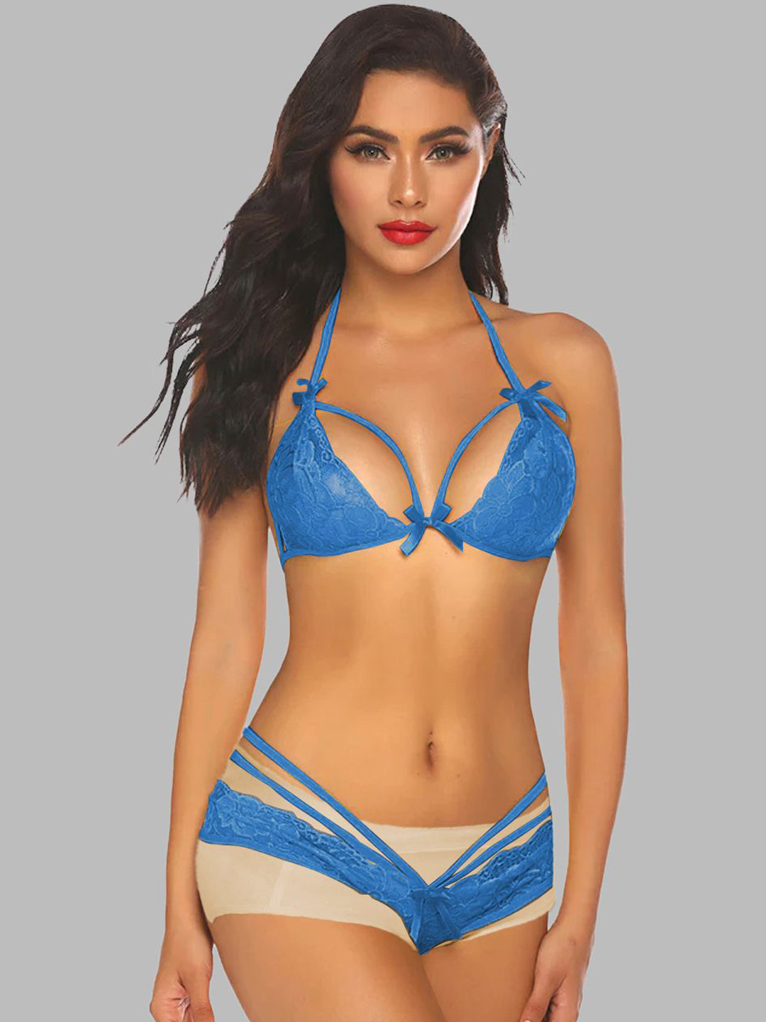 KRENOZ Floral Lace Underwired Halter Neck Lingerie Set BK-6-SKY-BLU-P2