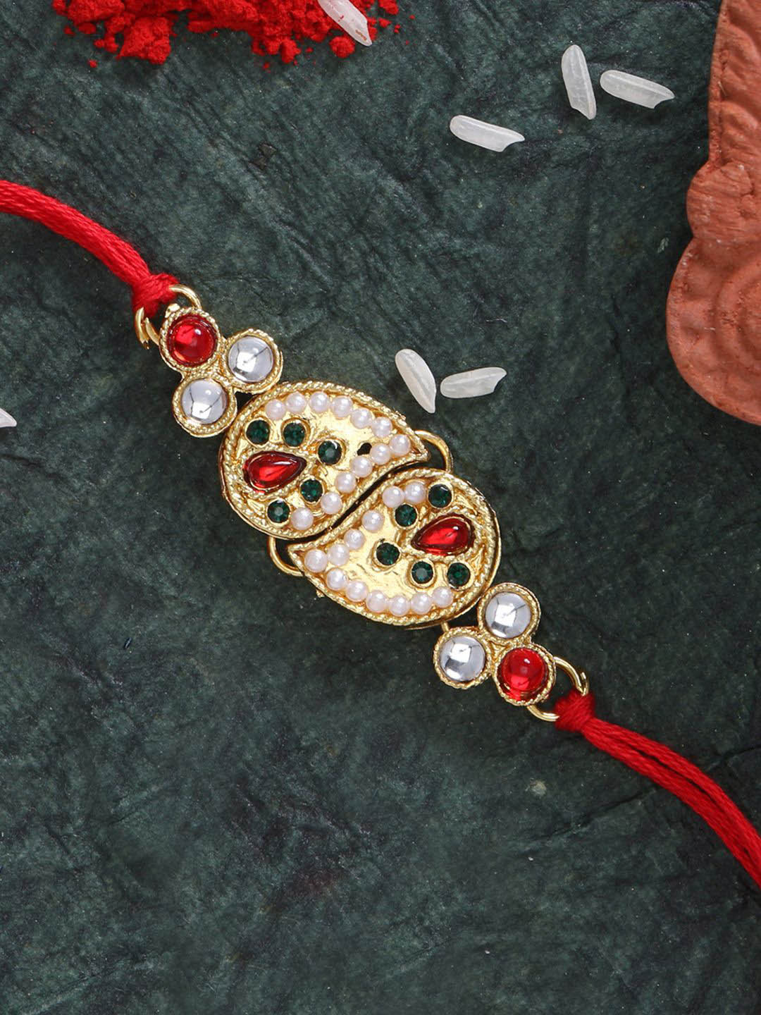 LIVE EVIL Gold Plated Stone Work Thread Rakhi With Greeting Card