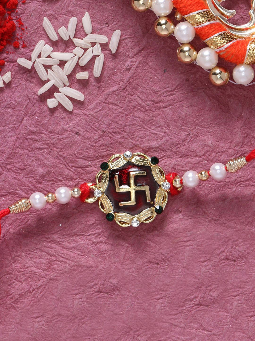 LIVE EVIL Gold-Plated Stones Studded Thread Rakhi With Greeting Card