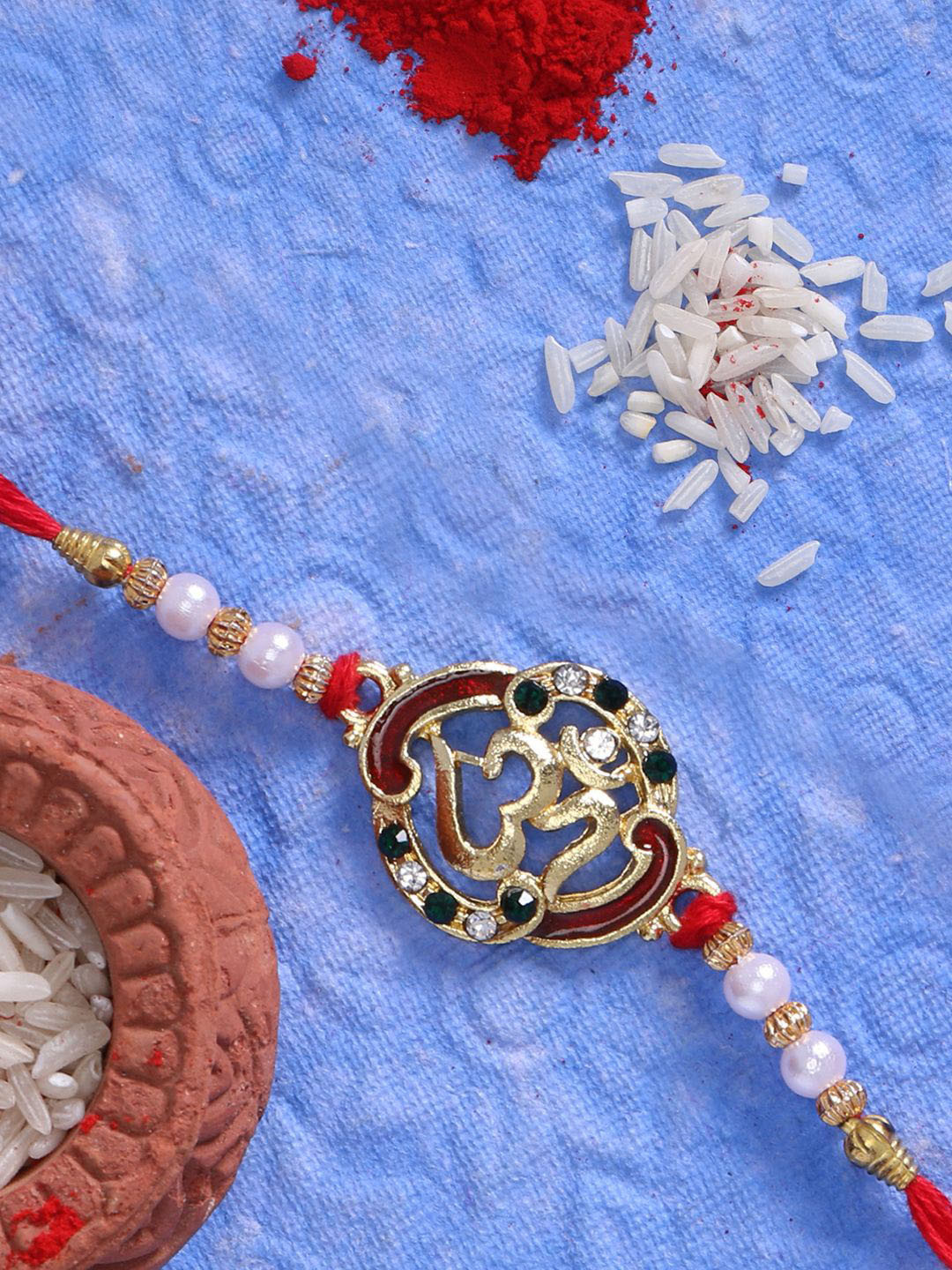 LIVE EVIL Gold-Plated Stones Studded Thread Rakhi With Greeting Card