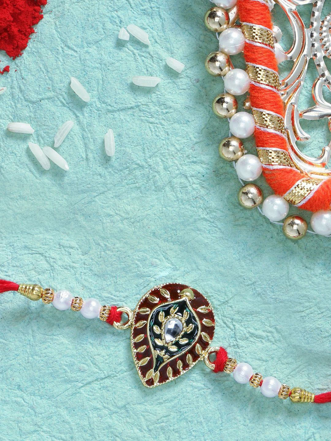 LIVE EVIL Gold Plated Kundan Work Thread Rakhi With Greeting Card