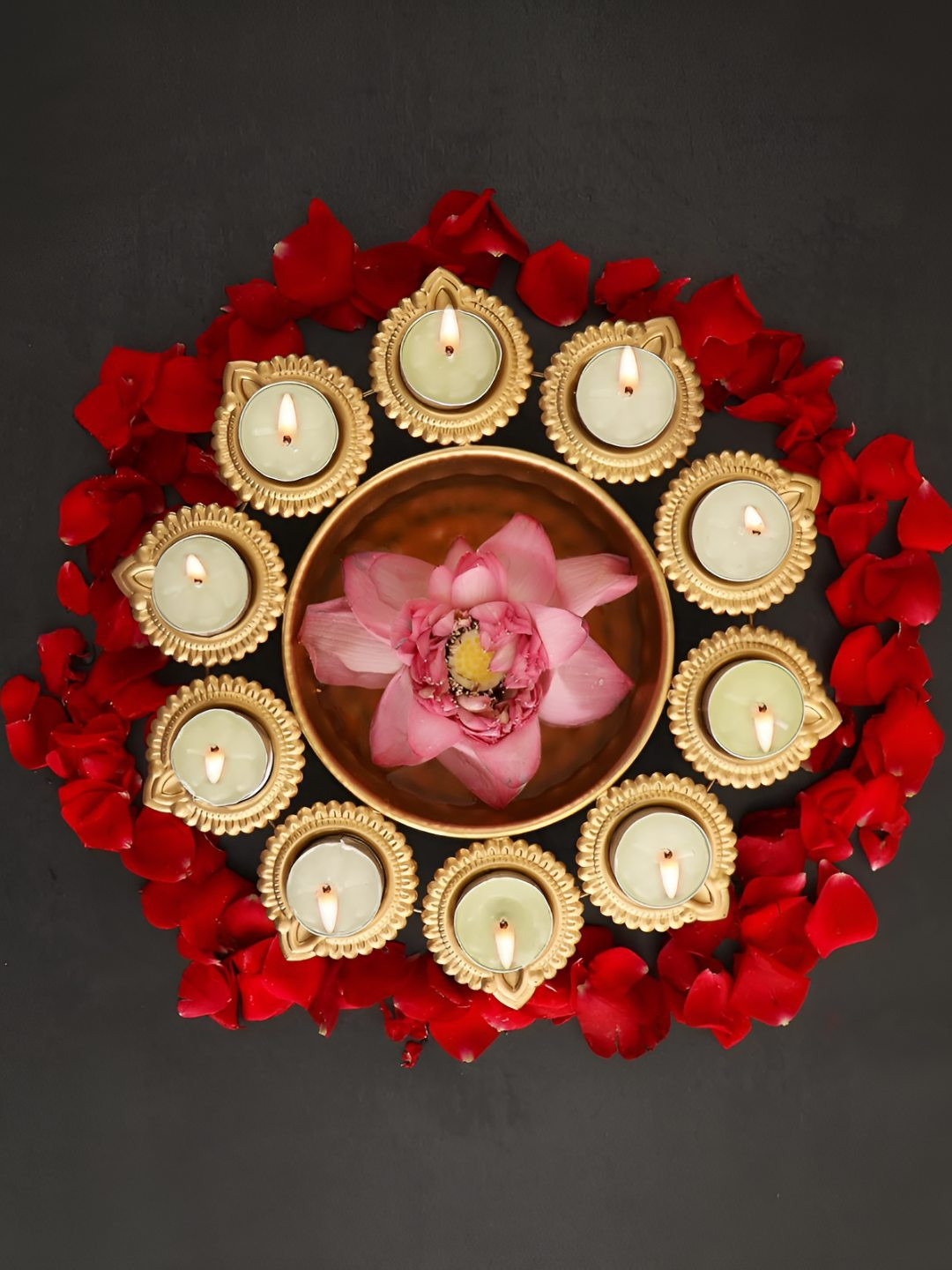 THE HOME CO. Gold Toned Diya Shape Flower Decorative Bowls