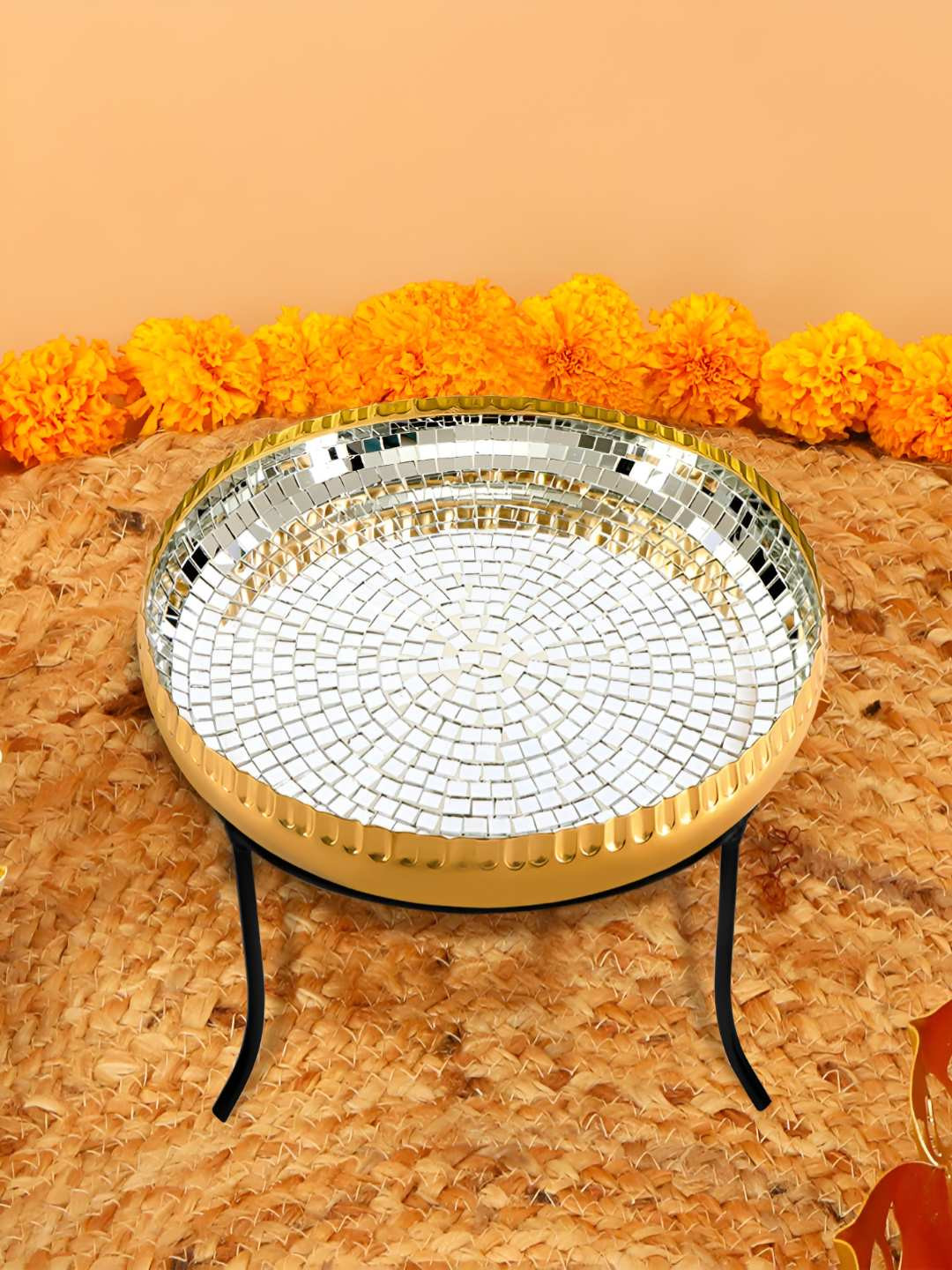 THE HOME CO. Silver Toned & Black Textured Aluminium Urli Decorative Bowl With Stand