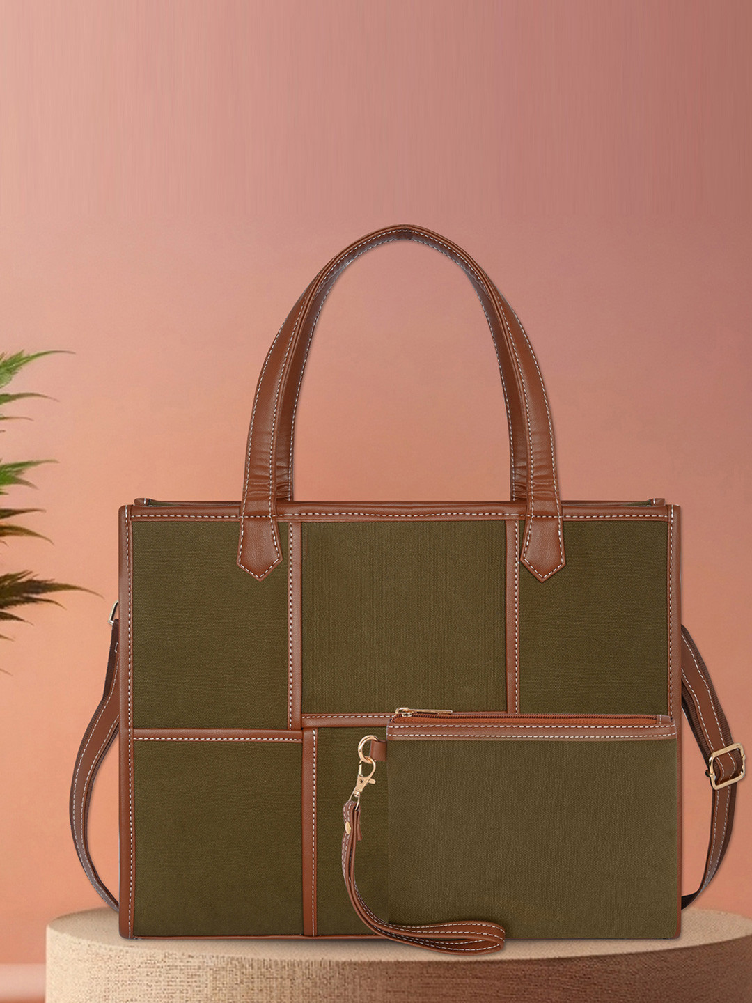 Womanix Solid Canvas Laptop Compartment Medium Shopper Tote Bag With Pouch