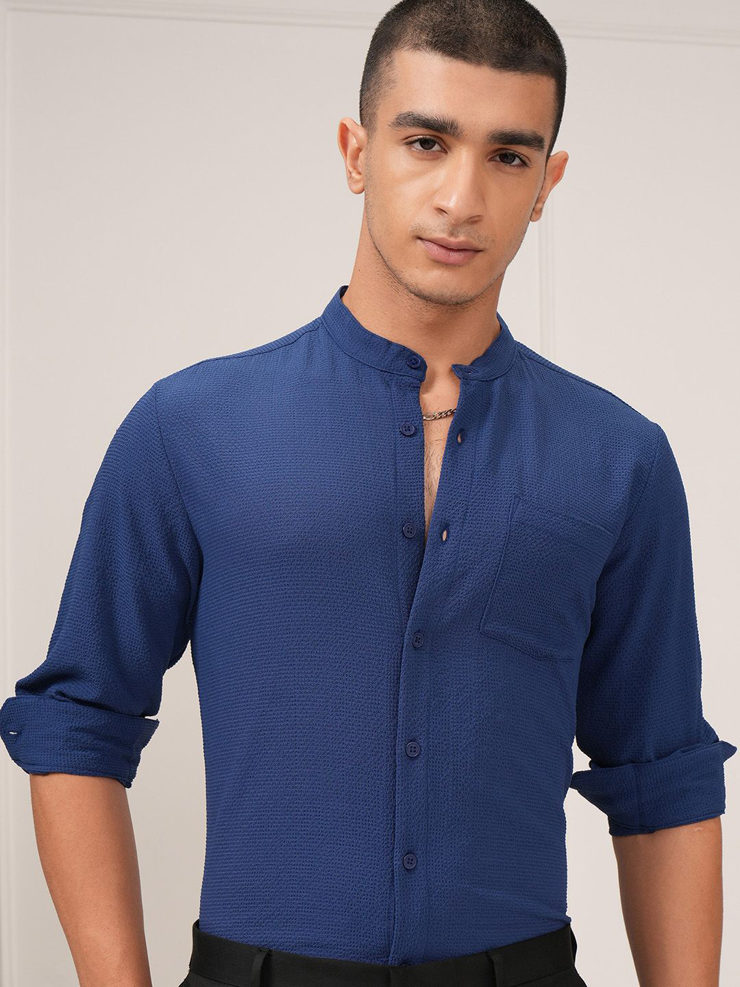 KETCH Men Indigo Popcorn Textured Mandarin Collar Slim Fit Casual Shirt