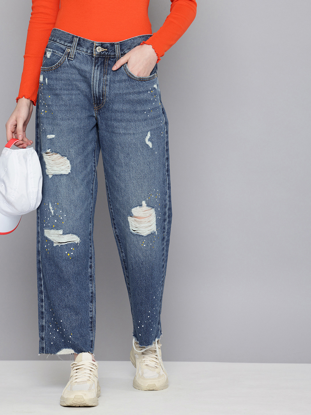 Levis Women 94 Baggy Fit Pure Cotton High-Rise Highly Distressed Light Fade Printed Jeans