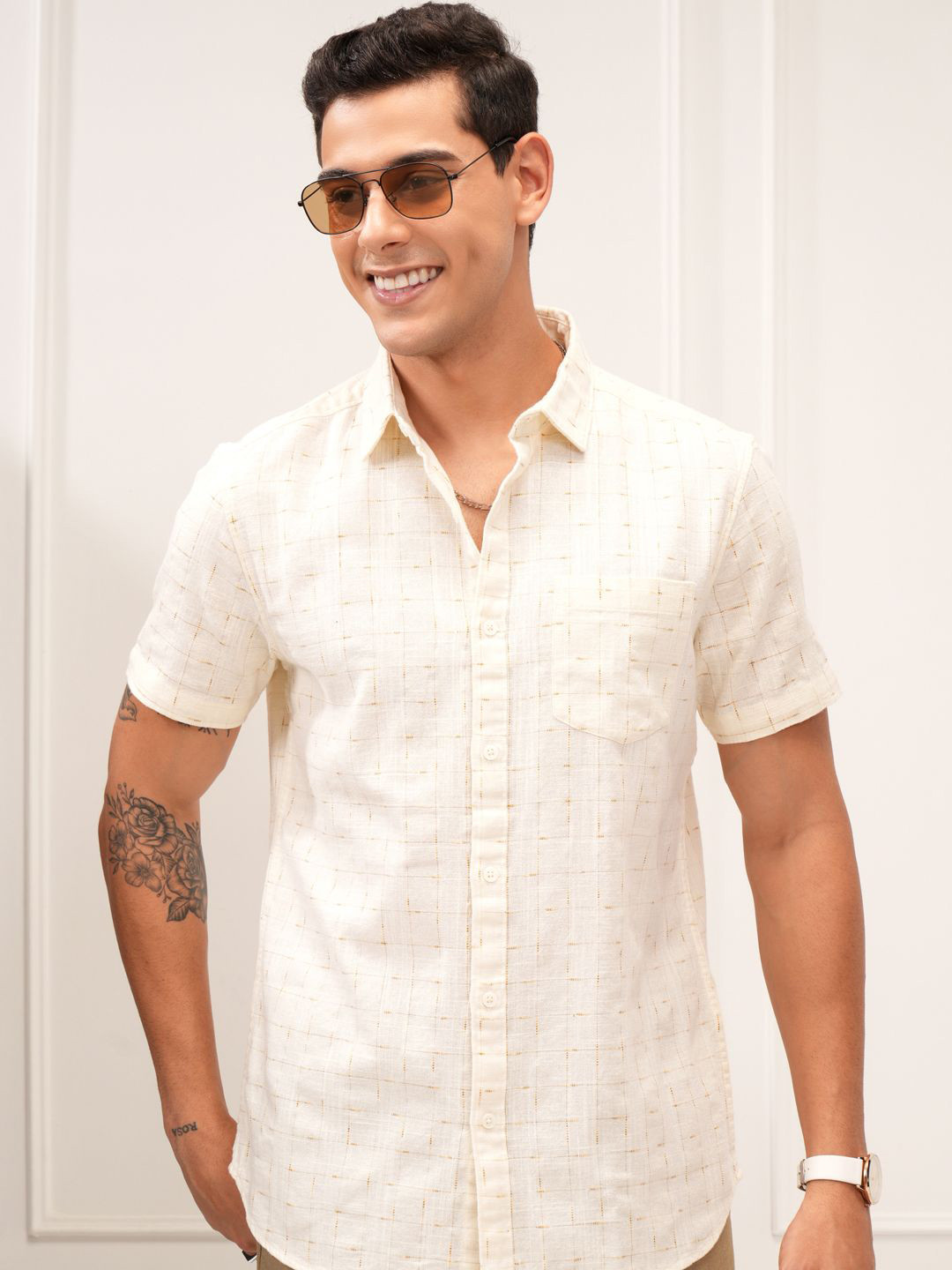 HIGHLANDER Men Cream Special Yarn Dobby Textured Checked Casual Shirt