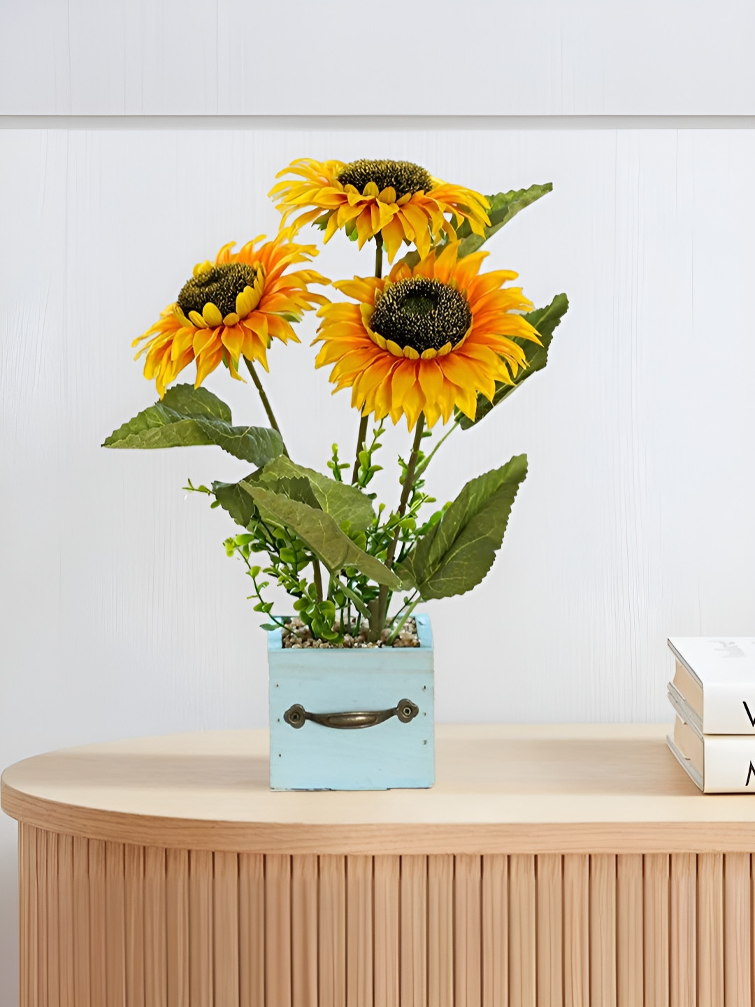 The Better Home Yellow & Green 3 Headed Artificial Sunflower With Pot