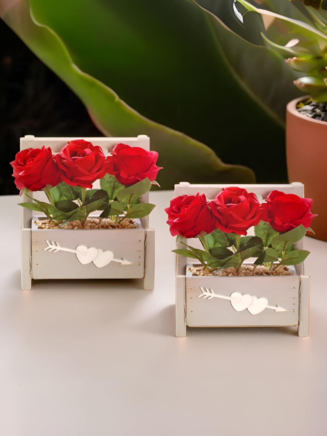 The Better Home Red & Green 2 Pieces Artificial Rose Flower Plant With Pots