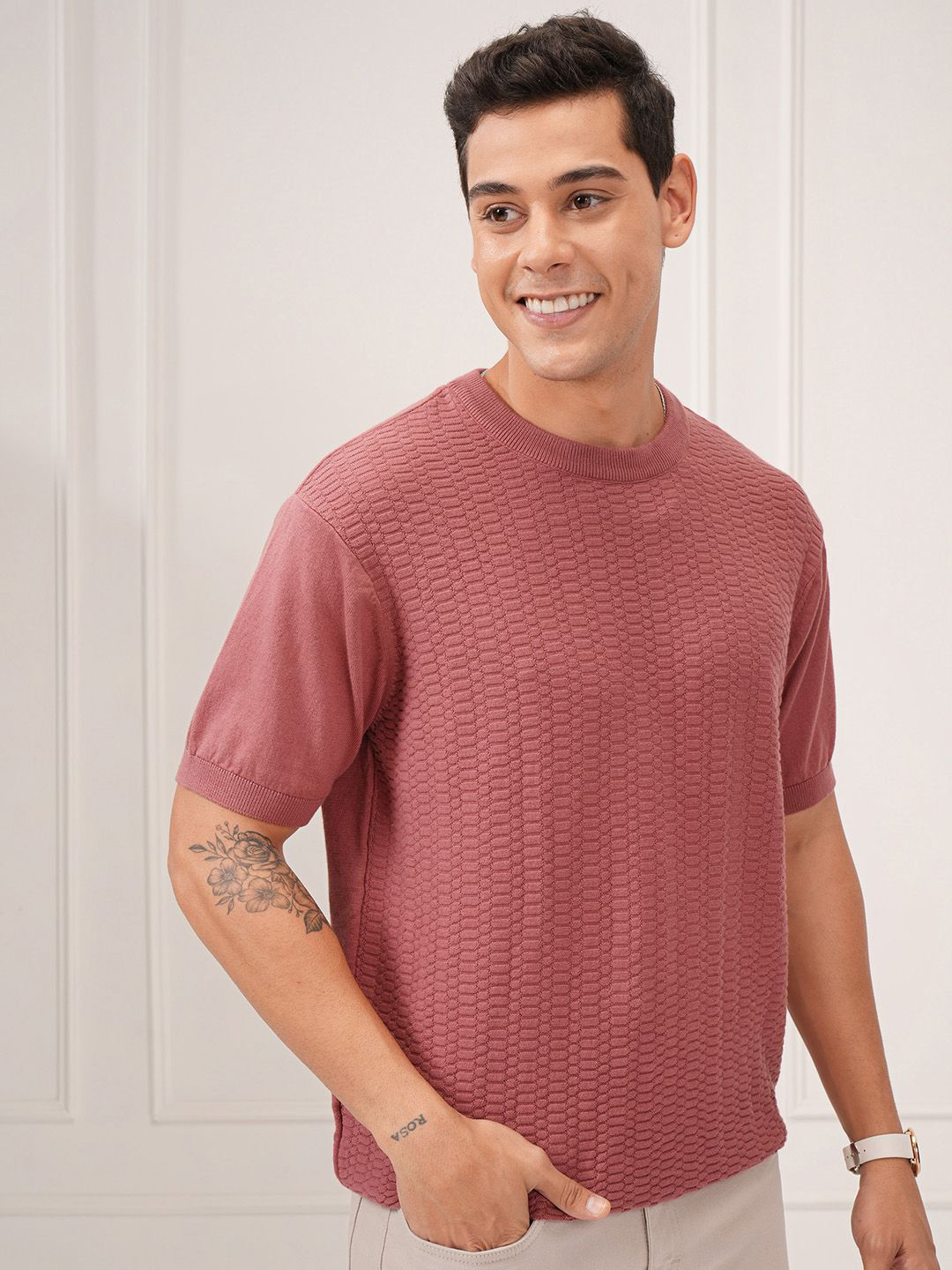 HIGHLANDER Men Sollid Raw Edge Relaxed Fit T-shirt