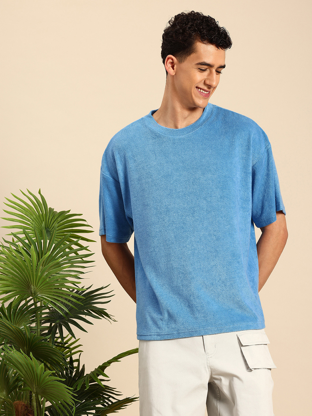 Mast & Harbour Men Self Design Towel Terry Oversized T Shirt