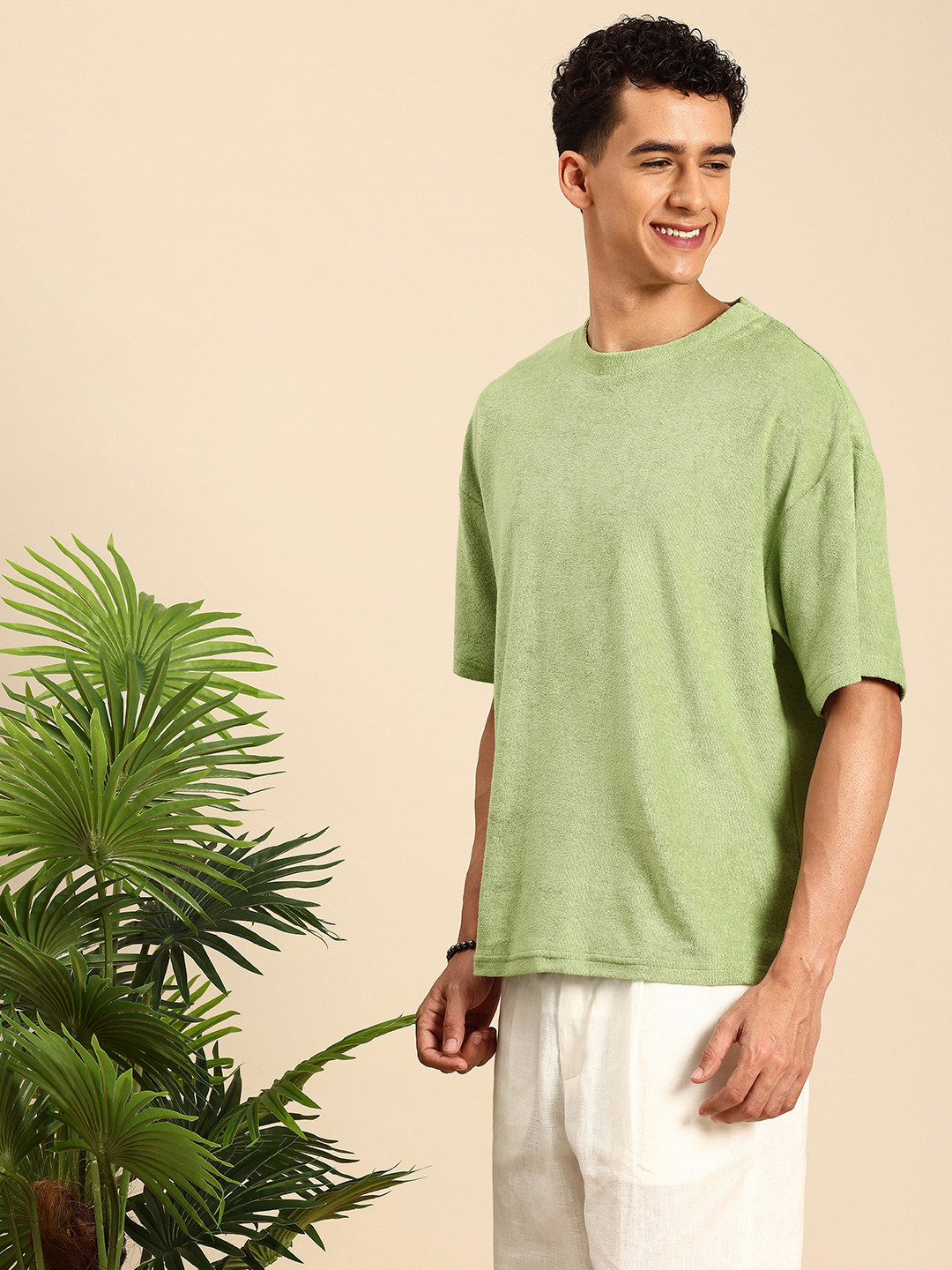 Mast & Harbour Men Self Design Towel Terry Oversized T Shirt