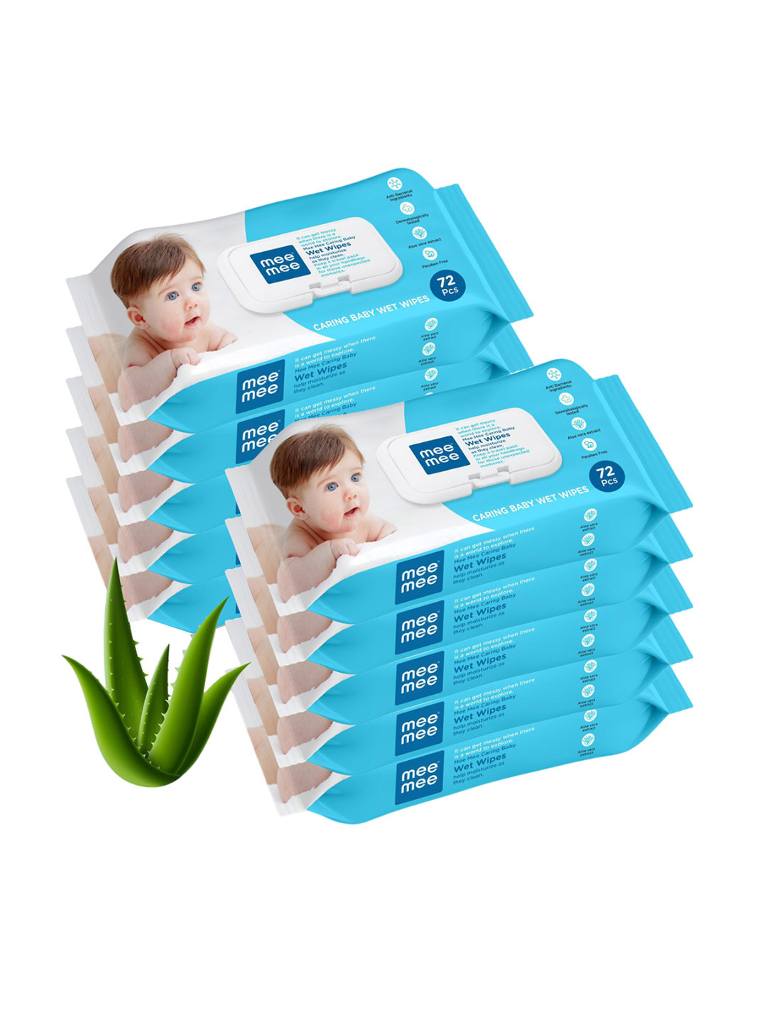 MeeMee Set Of 10 Baby Wet Wipes With Aloe Vera Extracts - 72Pcs Each
