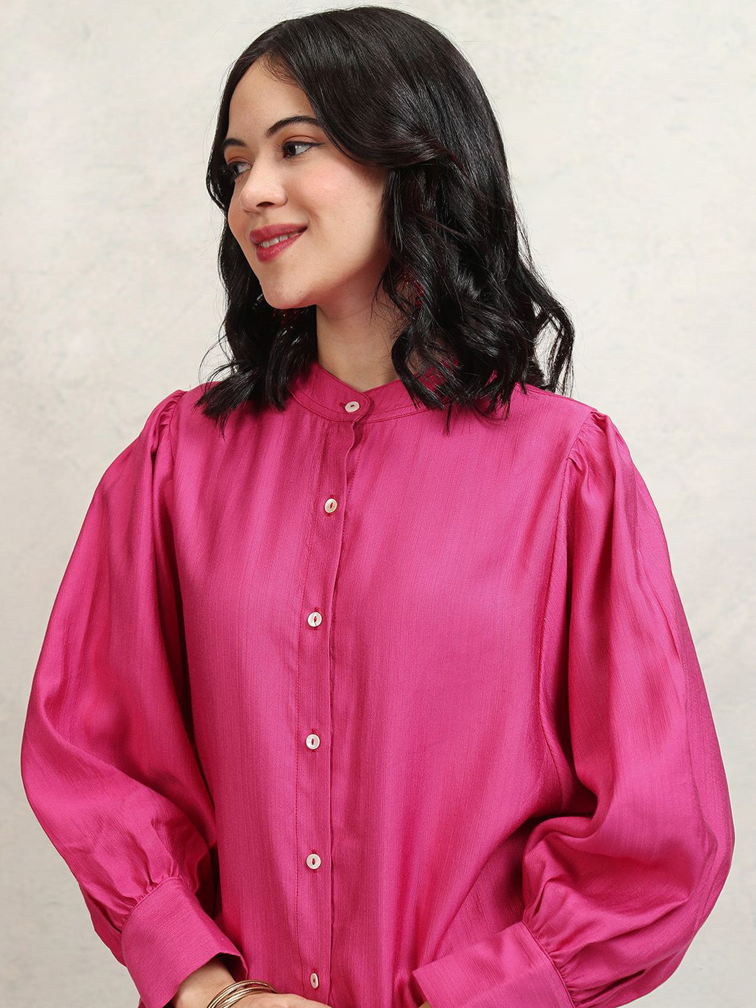 Vishudh Fuchsia Mandarin Collar Puffed Sleeves Tunic With Palazzos