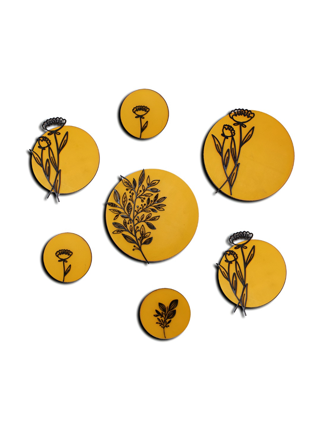 VAH Kya Bat Hai !! Mustard Yellow & Brown 7 Pieces Floral Printed Wooden Wall Stickers