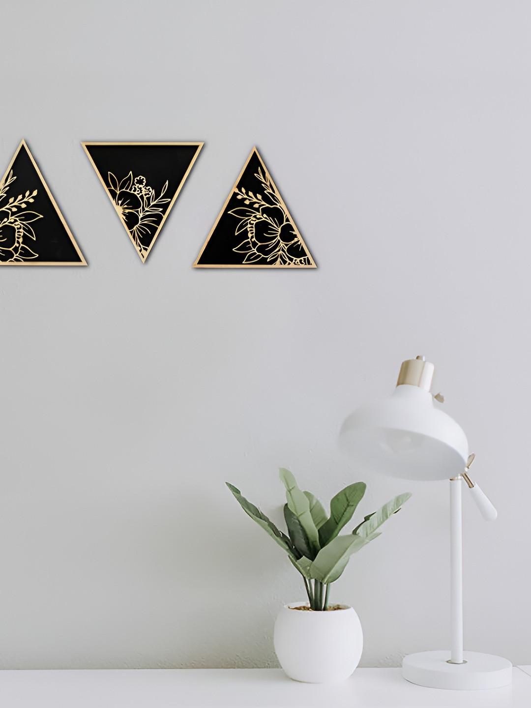 VAH Kya Bat Hai !! Floral Triangle Wood Matte Sticking Hall 3Pcs Wall Hangings-7.1In