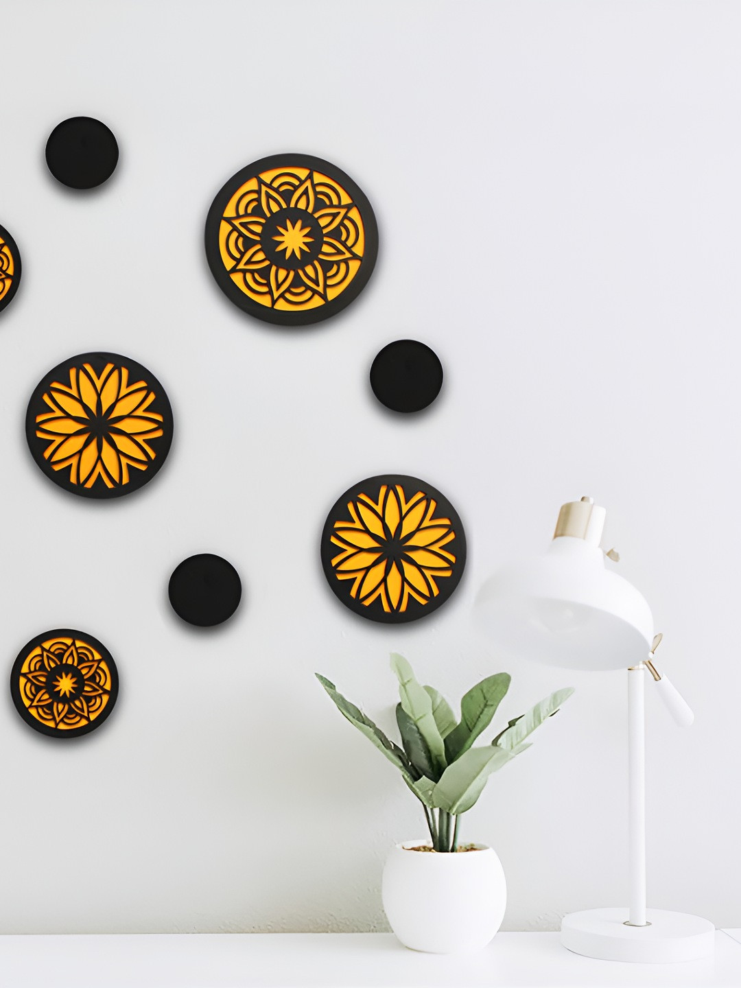 VAH Kya Bat Hai !! Mandala Wood Ethnic Motifs Glossy Sticking Hall 9Pcs Wall Plates-23.6In