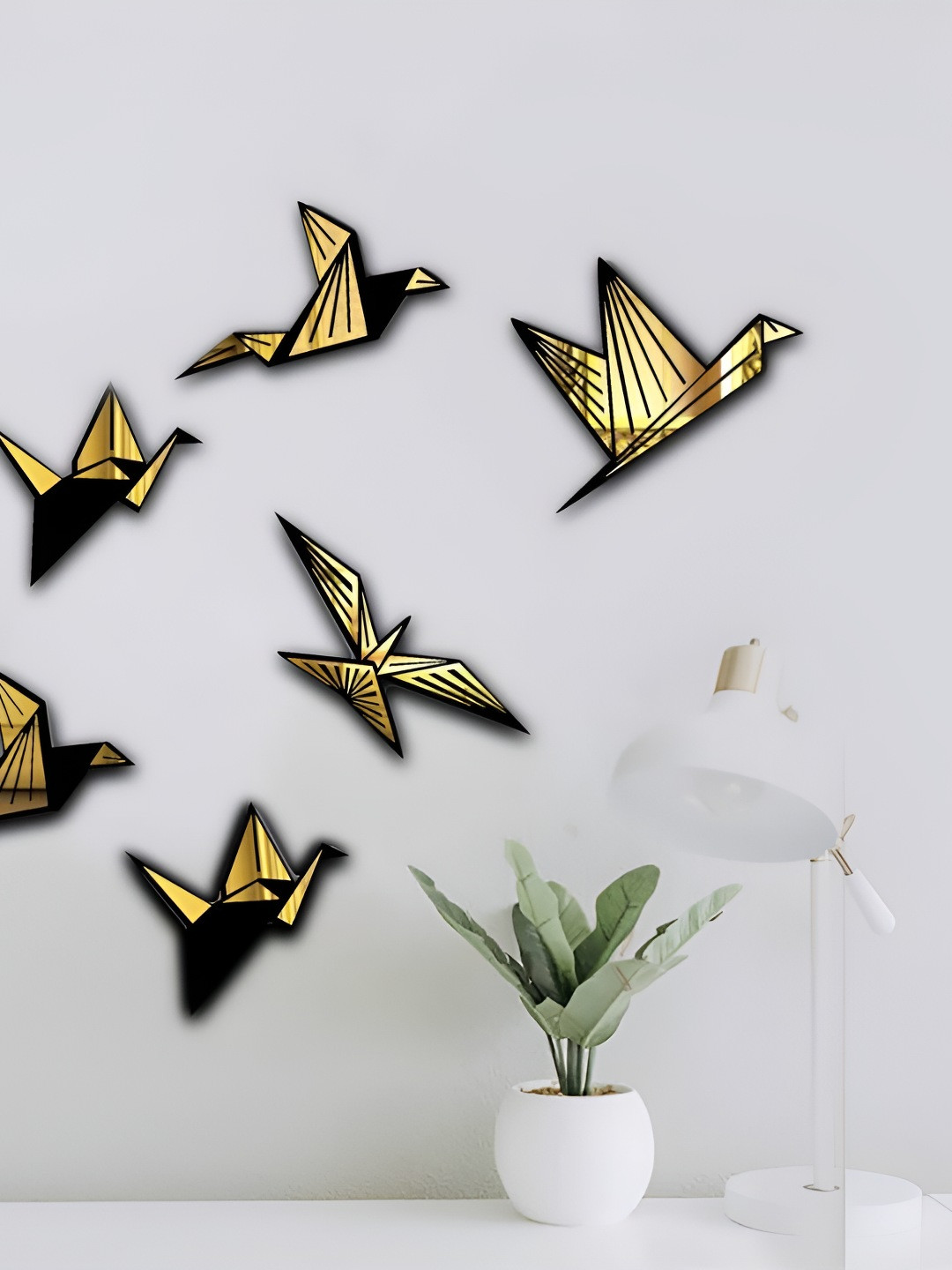 VAH Kya Bat Hai !! Black & Gold Toned 6 Pieces Birds Acrylic Wall Stickers