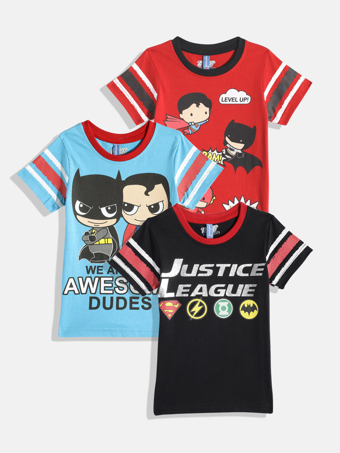 Here&Now X Game Begins Boys Pack of 3 Justice League Printed Pure Cotton T-shirts