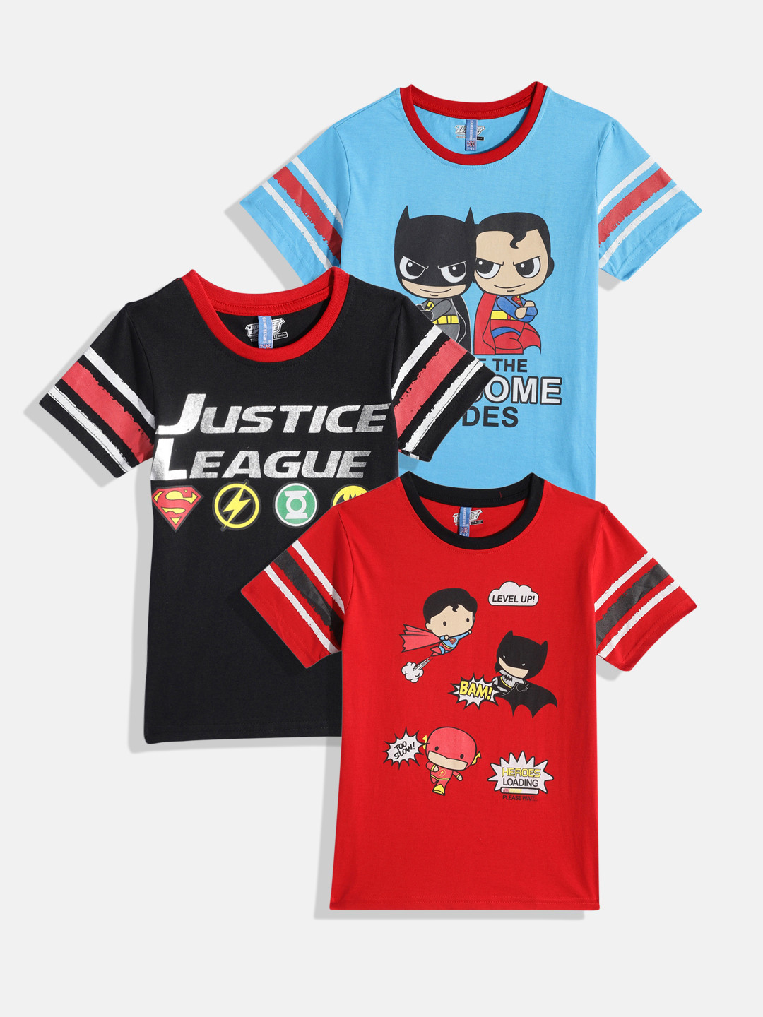 Here&Now X Game Begins Boys Pack of 3 Justice League Printed Pure Cotton T-shirts