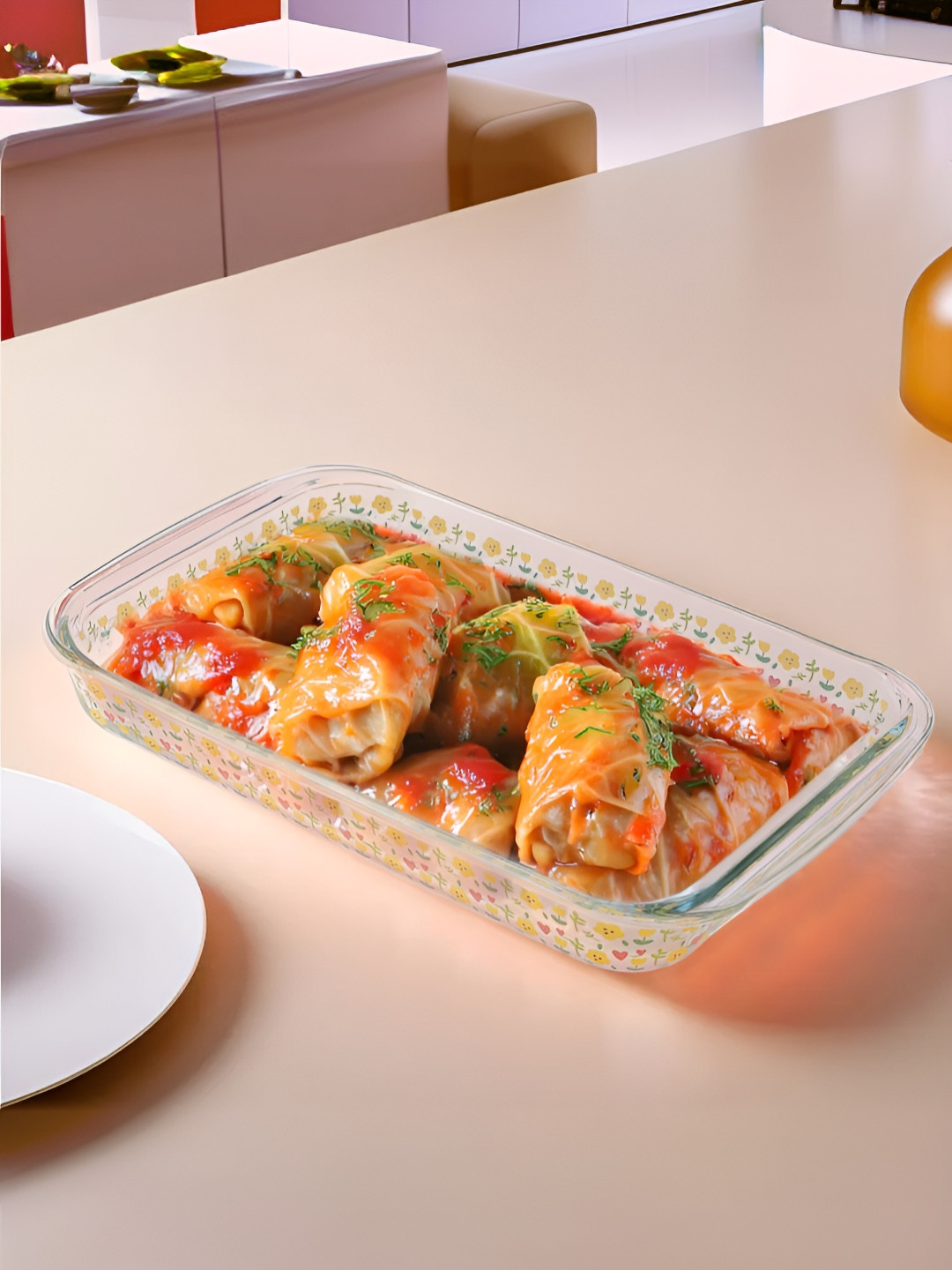The Better Home Zeno Transparent & Yellow Printed Rectangle Borosilicate Glass Baking Tray