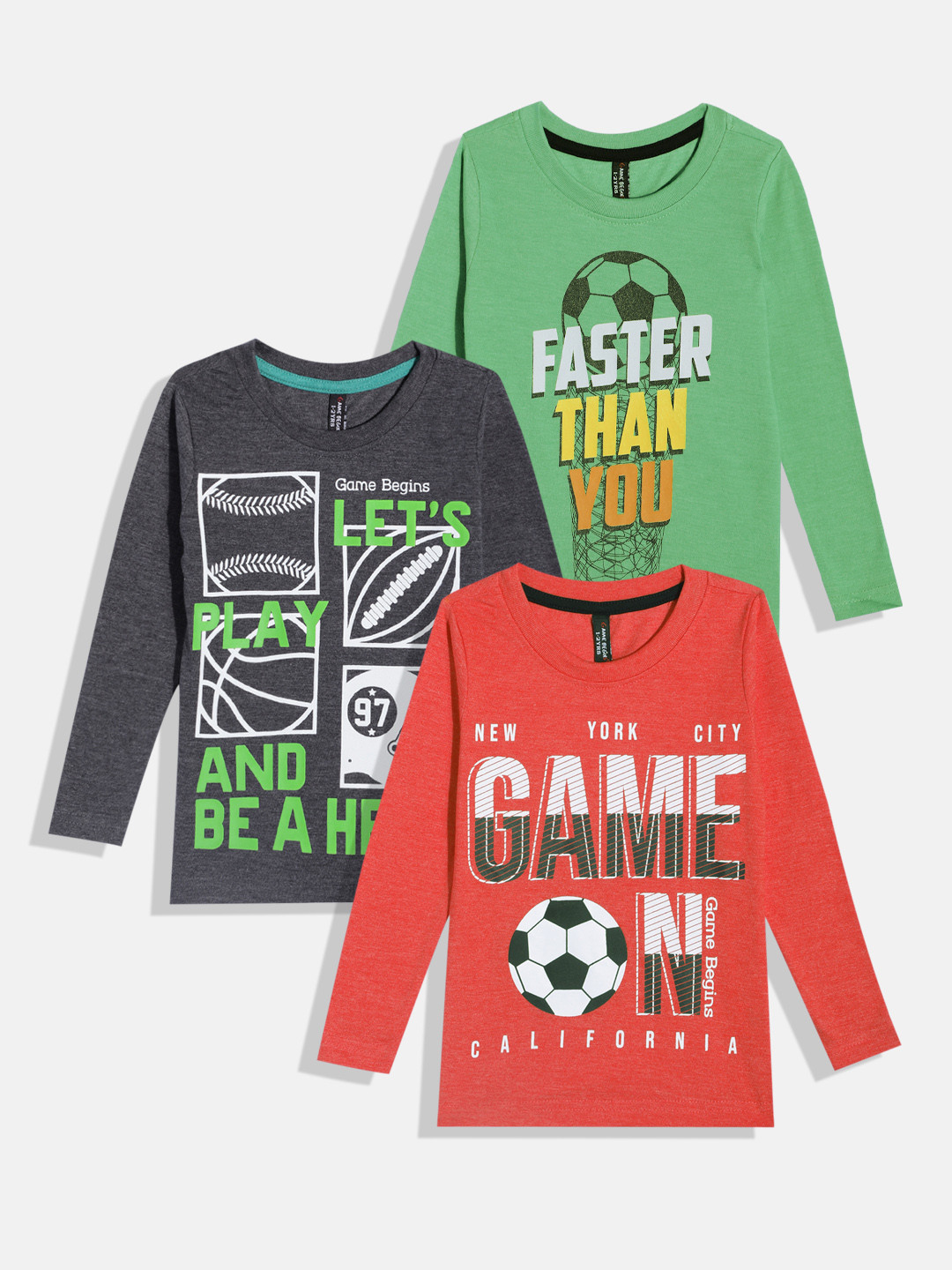 Here&Now X Game Begins Boys Set of 3 Assorted Sports Printed T-shirts