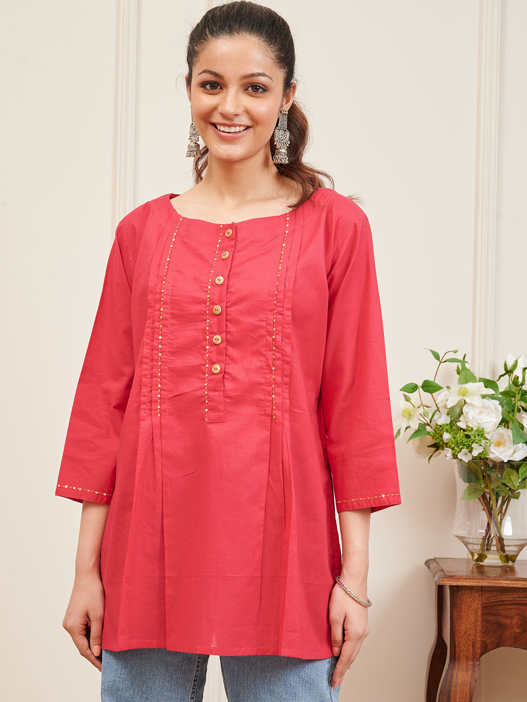 Tahiliya Red & Pink Plain Cotton Tunic