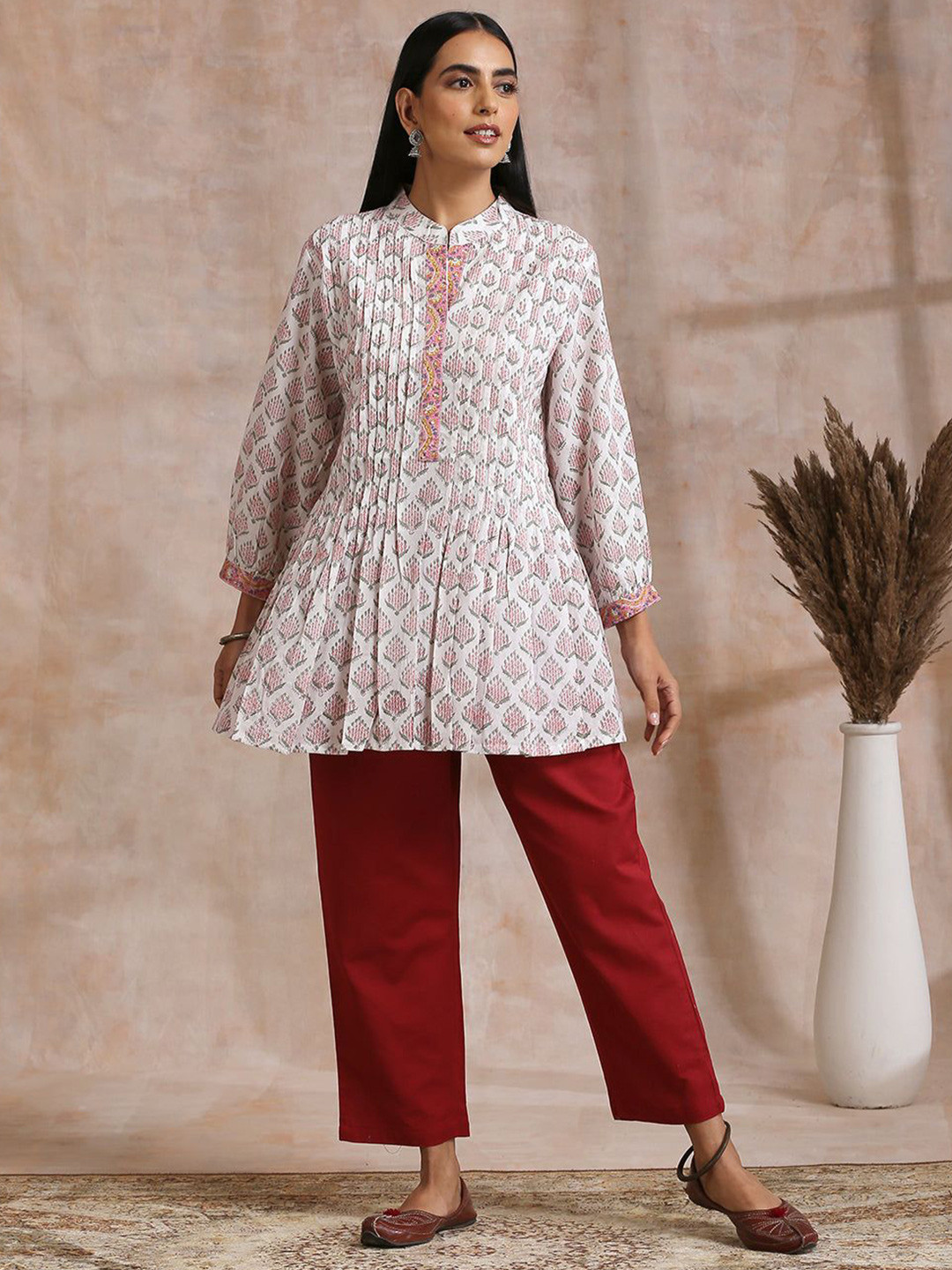 Tahiliya White Block Printed Cotton Pleated Tunic