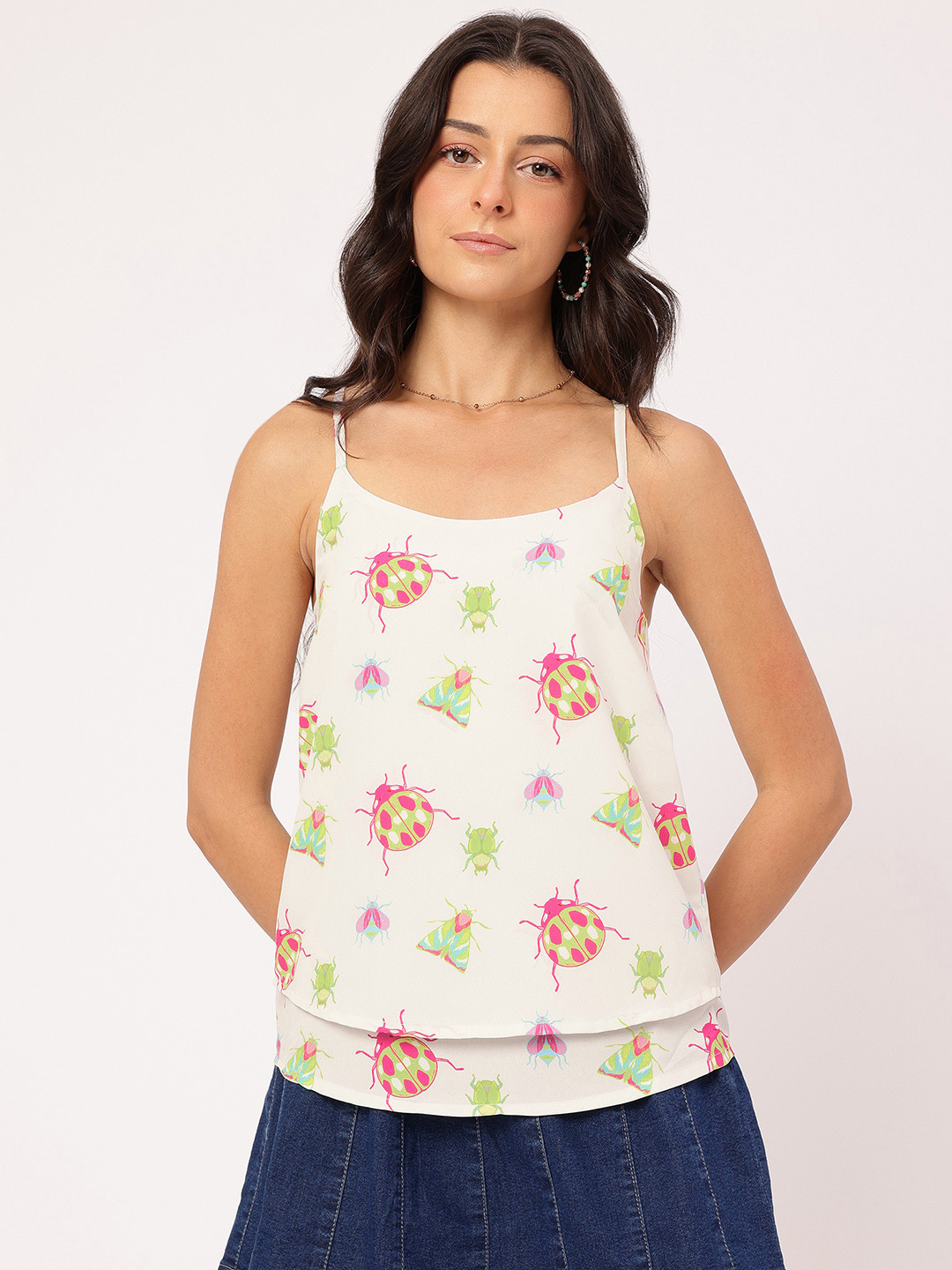 DressBerry Shoulder Straps Bug-Printed Layered Top