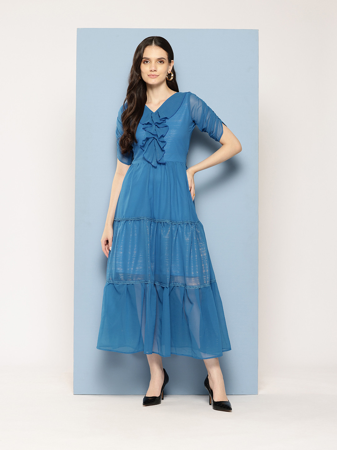 Aarika Puff Sleeves Ruffled Tiered Georgette Fit & Flare Midi Dress