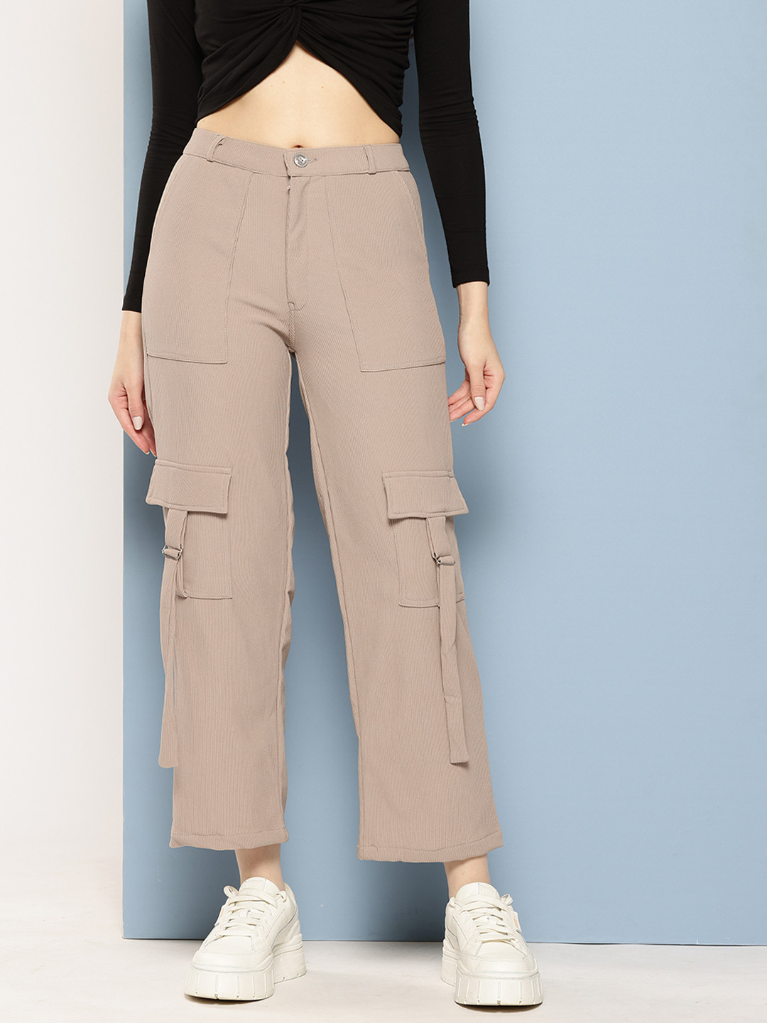 Aarika Women Relaxed Straight Leg Straight Fit High-Rise Cargos Trousers