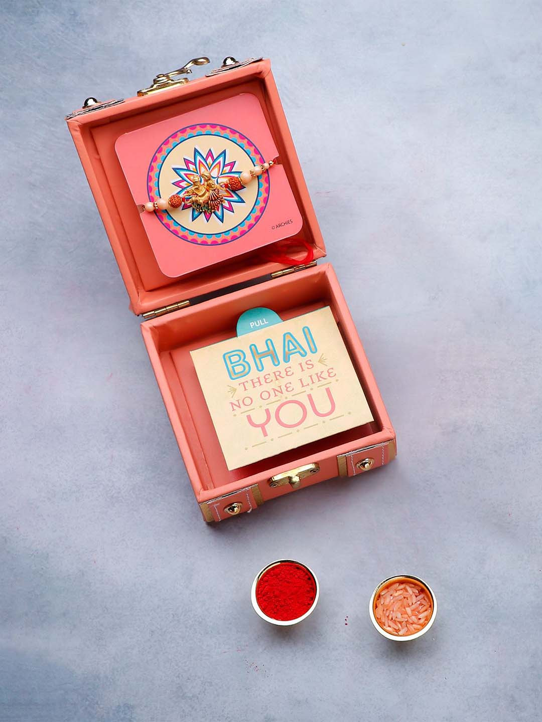 Archies Divine Rudraksha Thread Rakhi in Trunk Box With Roli Chawal & Greeting Card