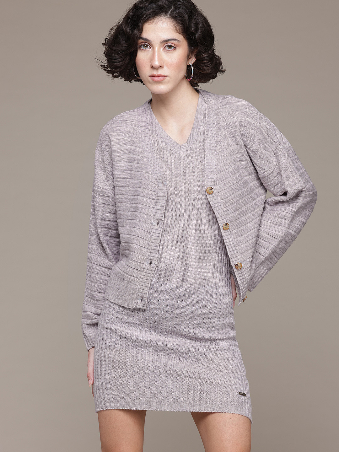 The Roadster Lifestyle Co. Ribbed Mini Sweater Dress with Cardigan