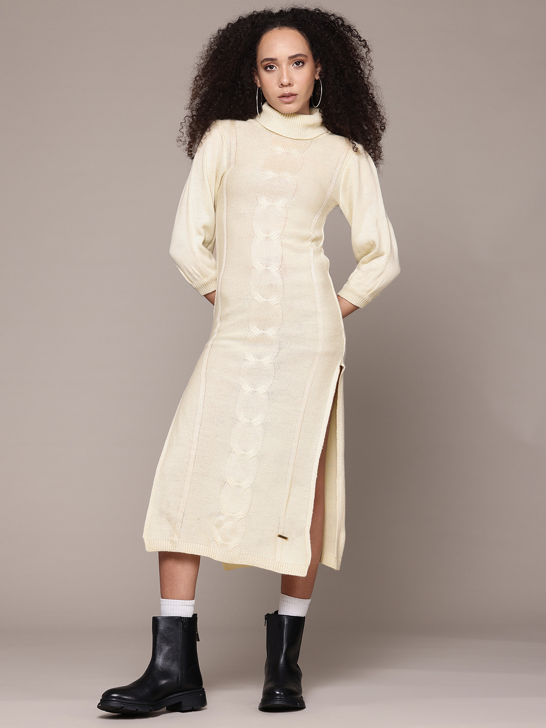 The Roadster Lifestyle Co. Cable Knit Acrylic Side Slits Sweater Dress