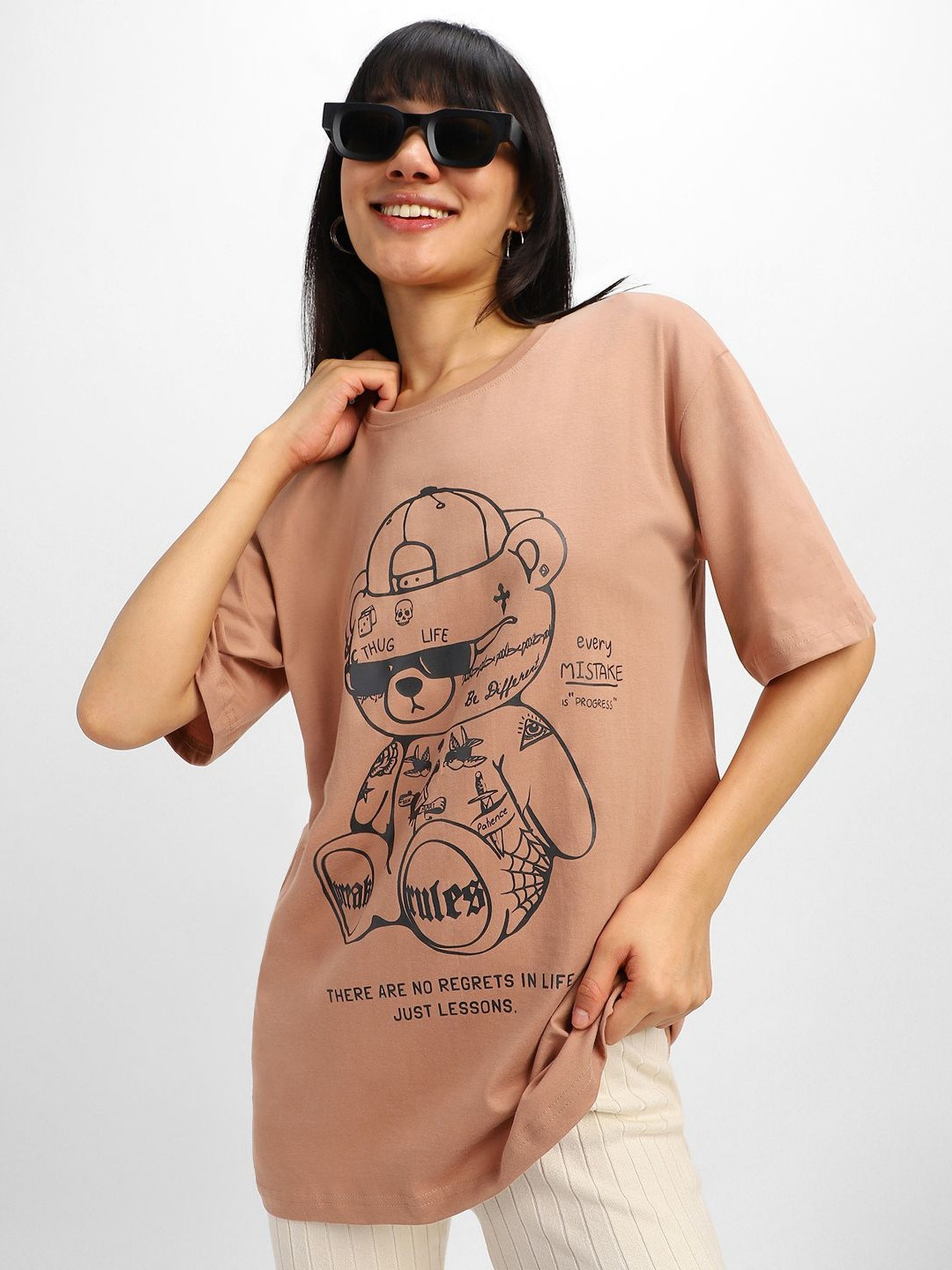 JUNEBERRY Women Printed Round Neck Relaxed Fit Pure Cotton Oversized Plus Size T-shirt