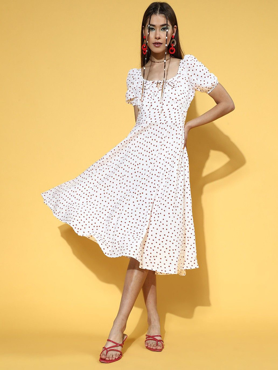 U&F Printed Tie-Up Neck Fit & Flare Midi Dress