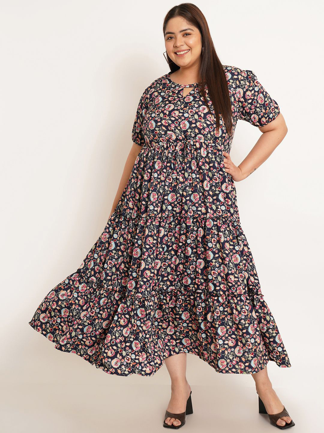 U&F Beyond Women Plus Size Floral Print Short Sleeves Keyhole Neck Maxi Dress