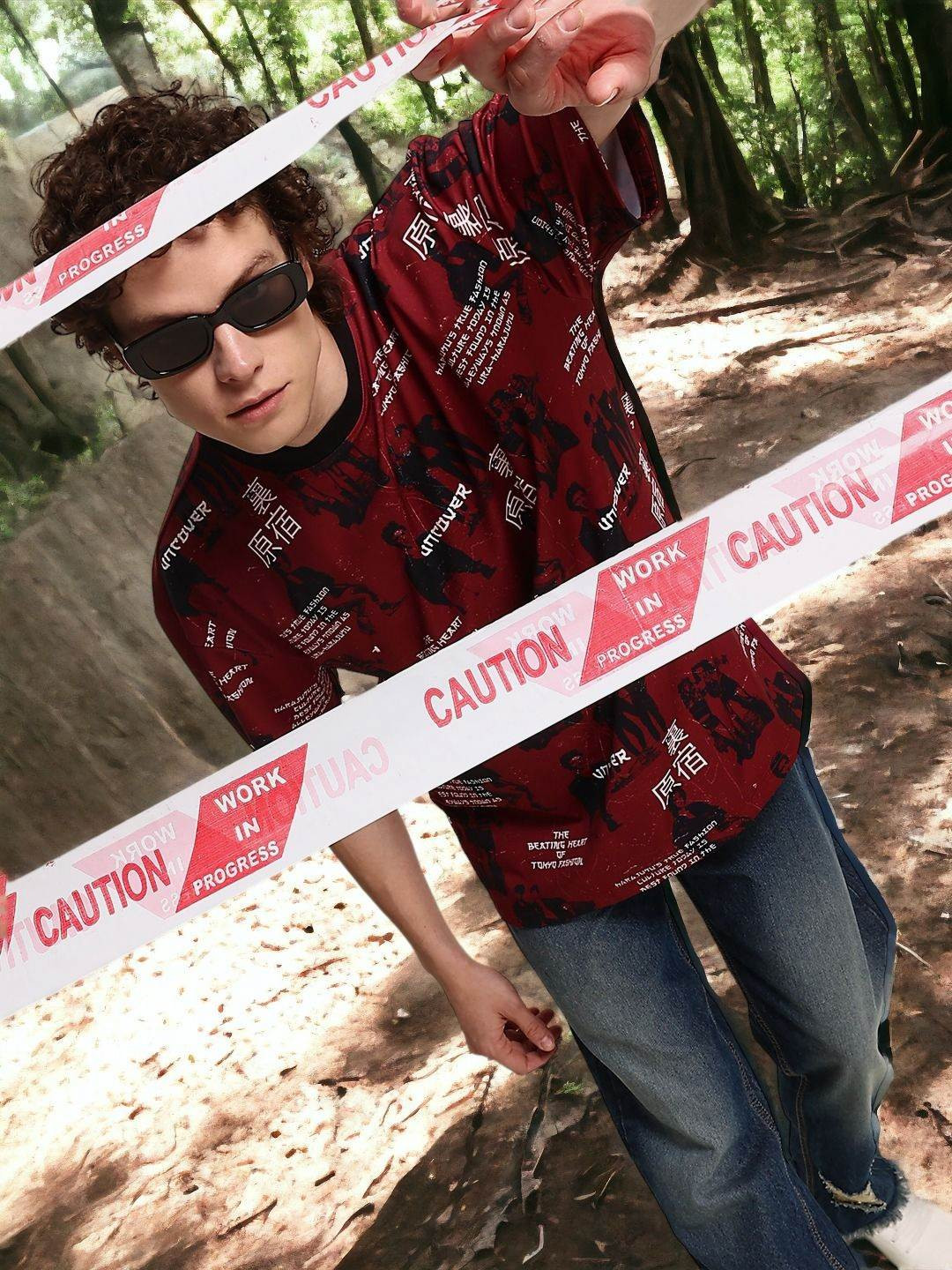 URA STREET Men All over Print Crew Neck Oversized T Shirt