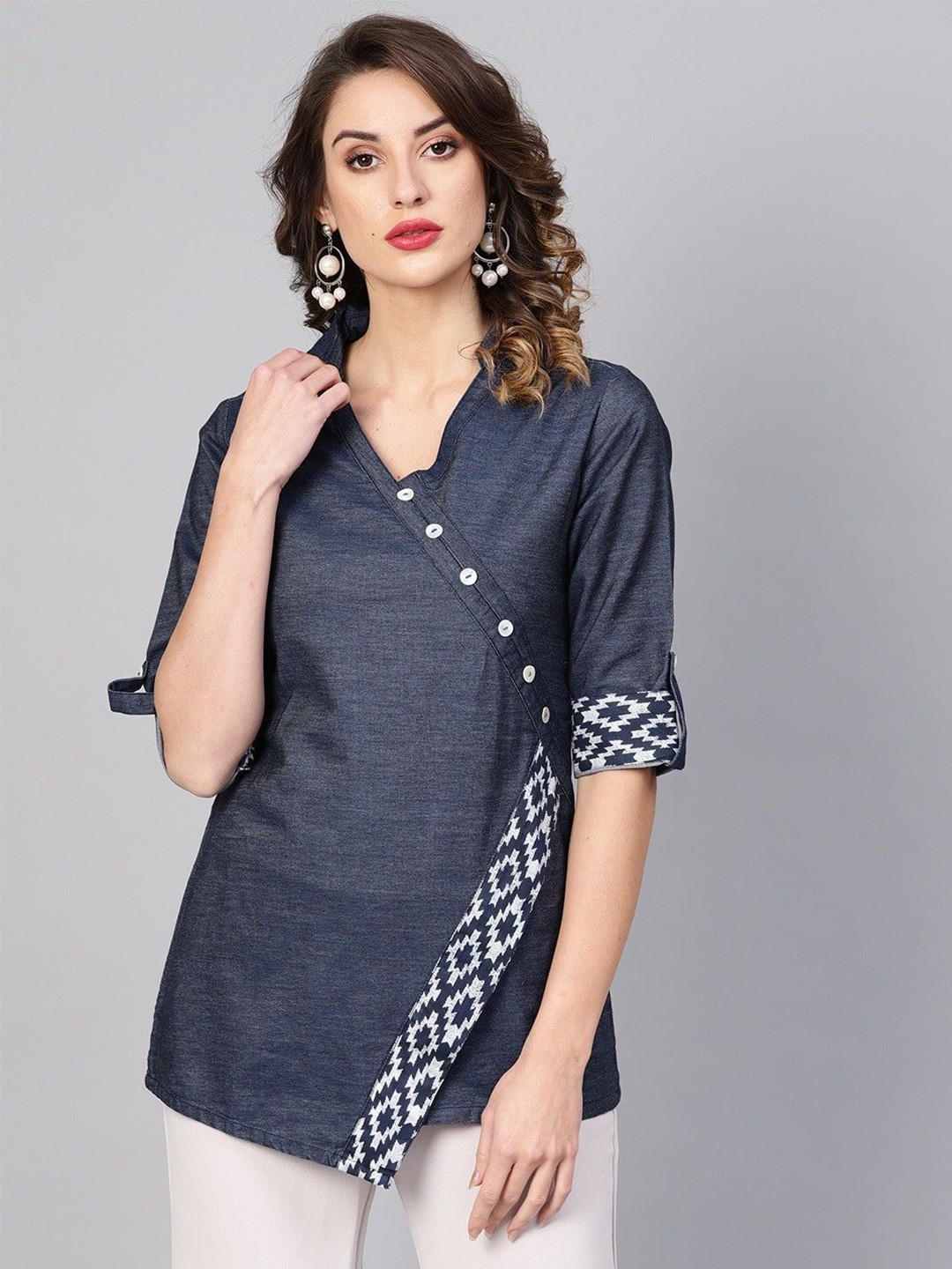 KALINI Women Roll-Up Sleeves Denim Wrap Top