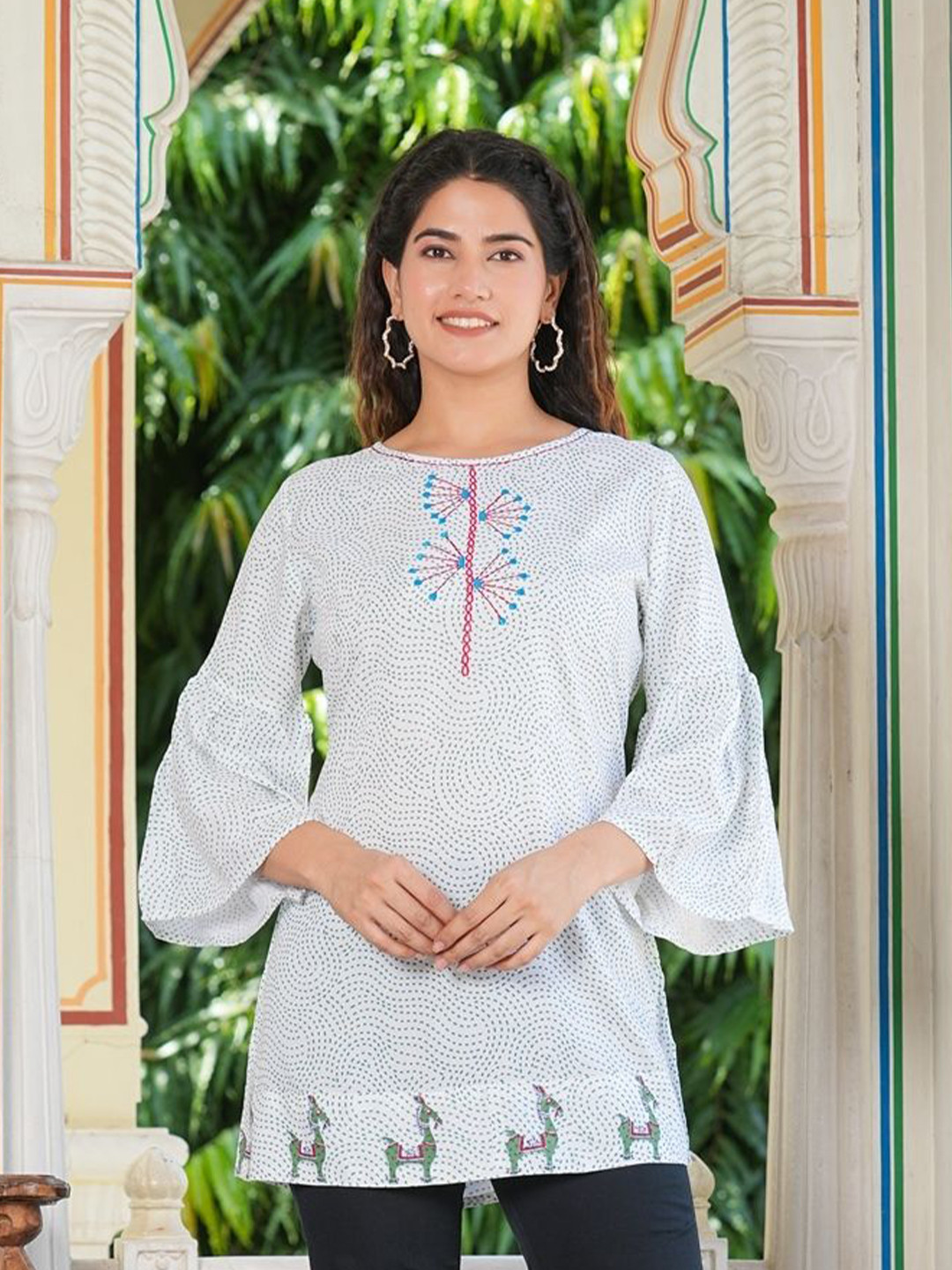 KALINI Women Embroidered Geomatrical Printed Top