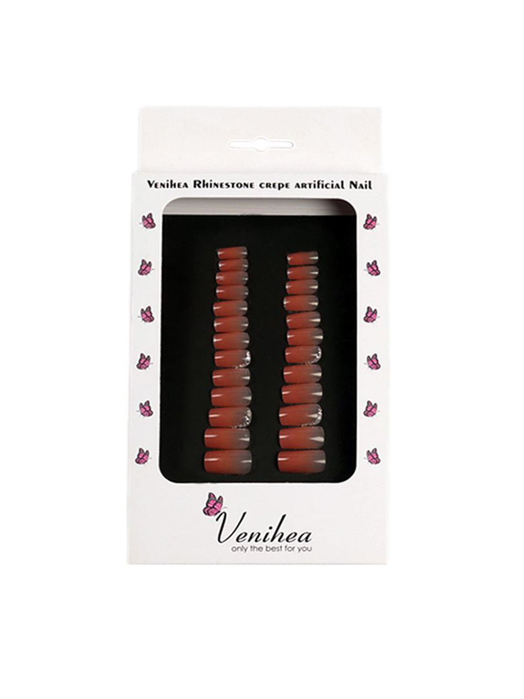 Venihea Set Of 24 Rhinestone Crede Artificial Nail- Shimmary- Red